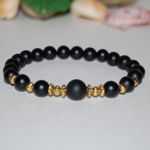 Onyx Bracelet,Onyx Gemstone Bracelet,8mm Onyx Beads,Stretch Bracelet,Man,Woman - Picture 2 of 3